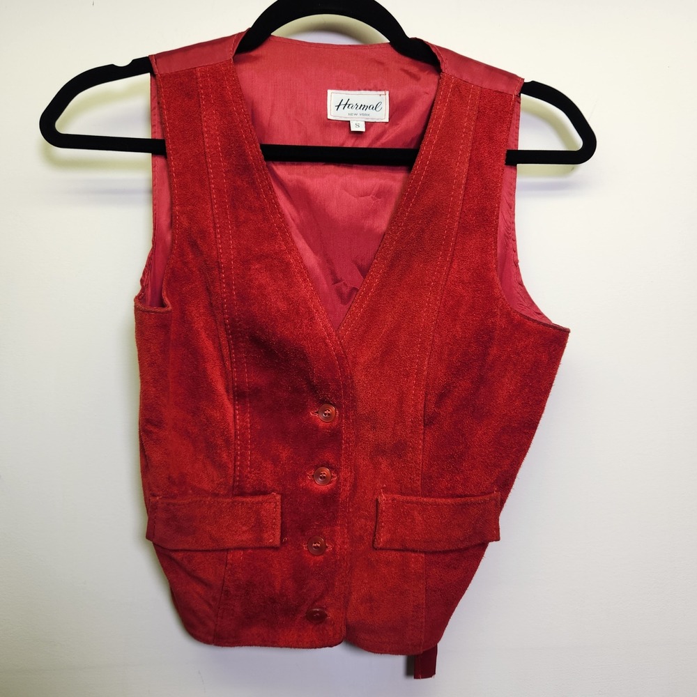 Harmal New York Vtg 100% Suede Leather Vest Button Front Sm Red V-neck Western
